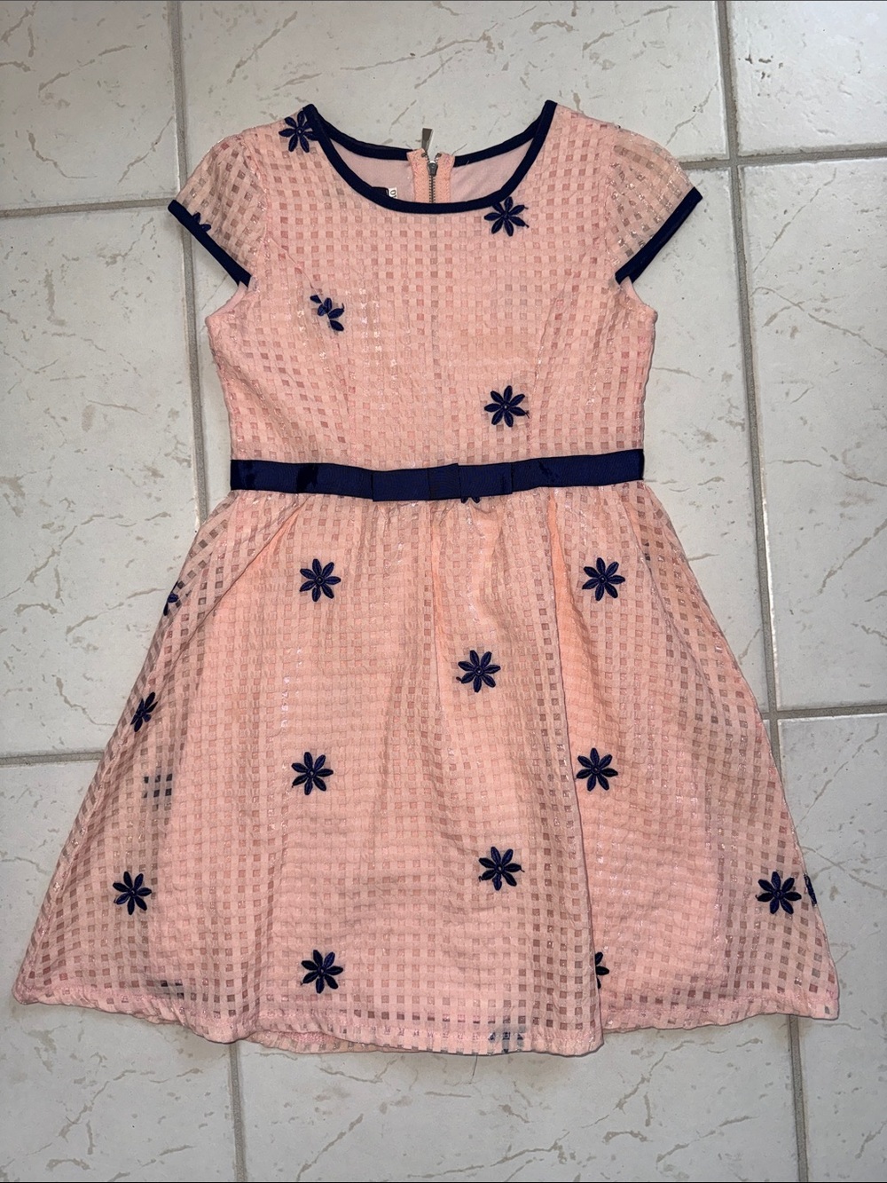 Girls Pink Floral Appliqué Party Dress with Navy Trim